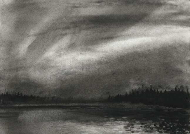 Charcoal landscape drawing of the sky and ocean at dawn or dusk, with dim sunlight coming through soft clouds and reflected off the water