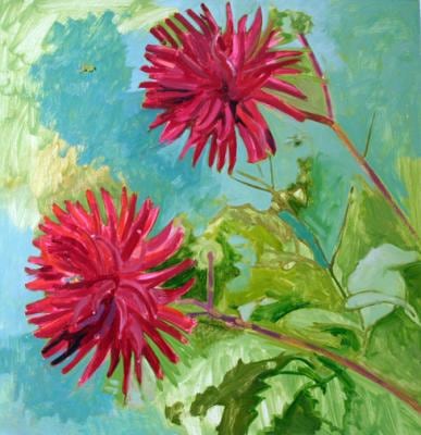 Two Dahlias &amp;amp; Bee, 2007, oil on Masonite, 15 1/8 x 14 5/8 inches&amp;nbsp;