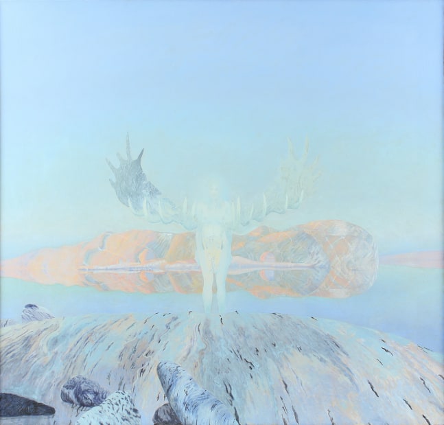 Surreal painting of a ghostly human figure with large antlers growing out of its shoulders, standing in the middle of a wintery landscape with a body of water in the background