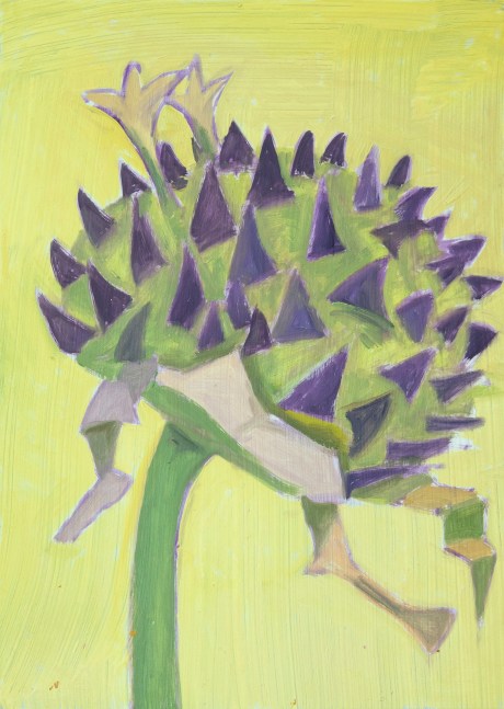 Painting of a green flower bulb with purple spikes on a light yellow ground