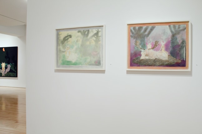 Photograph showing a view of an exhibition space with two drawings hanging on a white wall