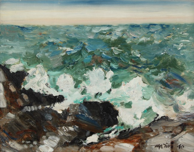 Landscape painting of choppy waves crashing on a rocky shore
