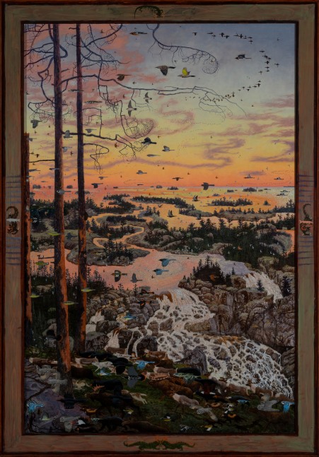 Painting of a landscape at sunset or sunrise, with numerous birds and forest animals populating the scene