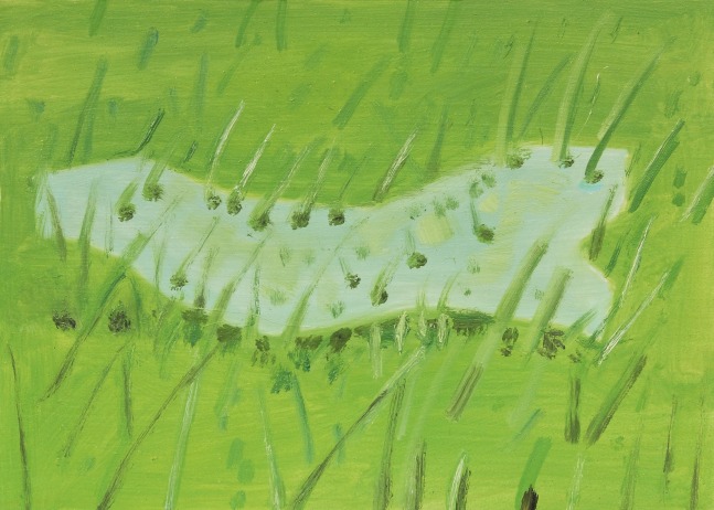 Painting of a light blue shape in the grass, with blades of grass poking out of it