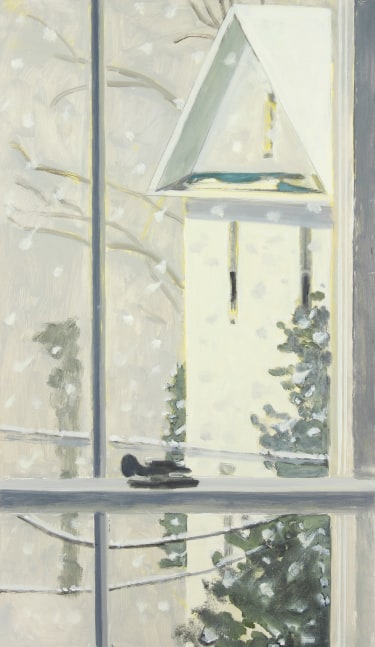 Painting of a view from an interior window looking out at a white building and snowy landscape