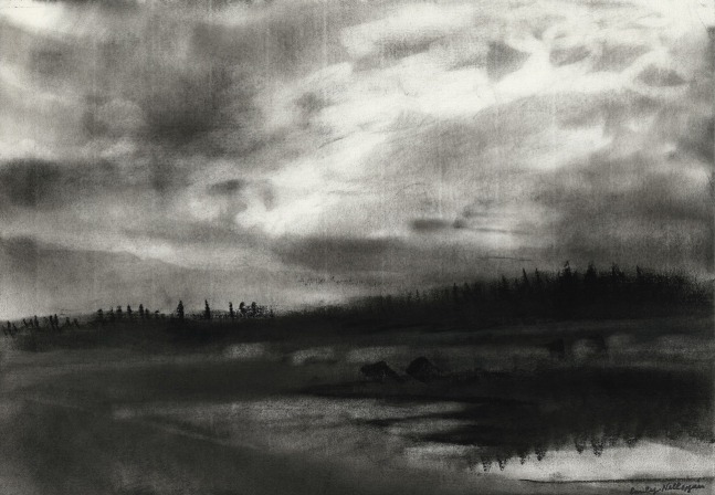Charcoal landscape drawing of the sky, shoreline, and some water at dawn or dusk, with faint sunlight coming through soft clouds and reflecting off the water below