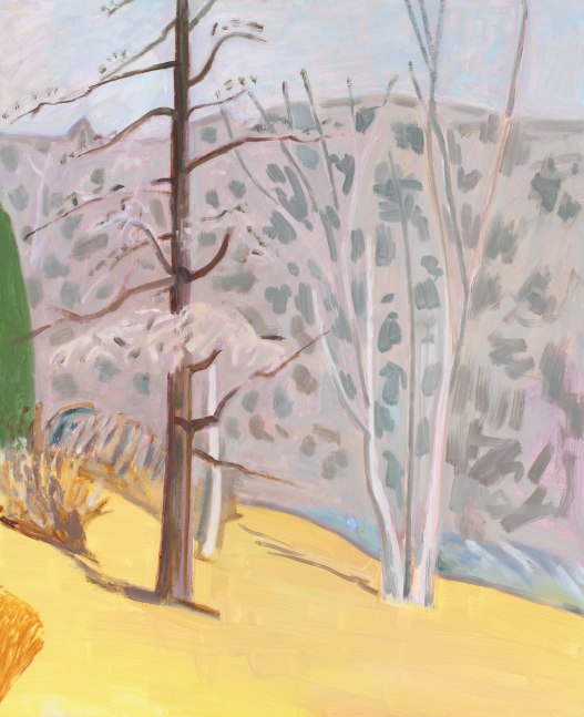 Painting of two leafless trees in a landscape