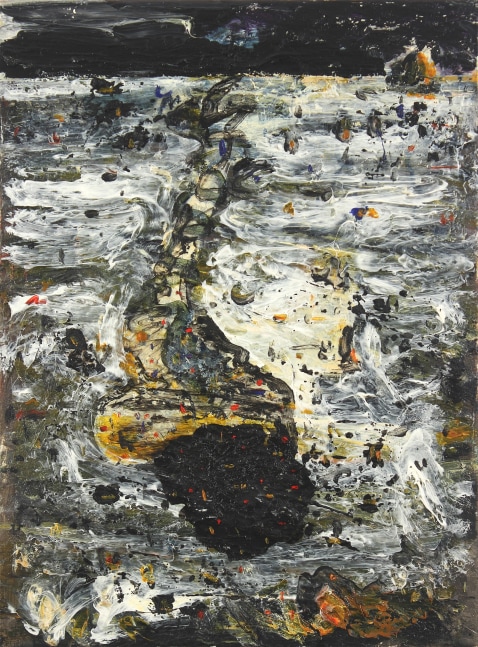 Abstract painting with black, red, yellow and orange marks on a textured white and black surface