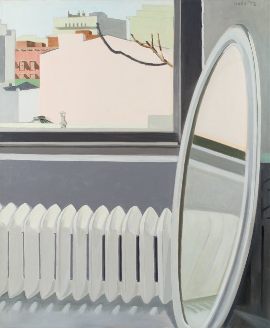 Window - Cityscape, Oval Mirror, 1972-73, oil on linen, 48 x 40 inches