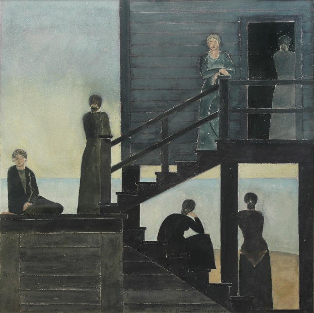 Watercolor drawing of six women standing and sitting on the stairs and deck of a building with a seascape in the background