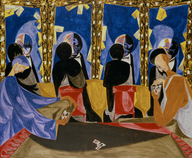 Painting of an interior scene with two figures playing cards at a table in the foreground, and four figures sitting at vanity mirrors in the background