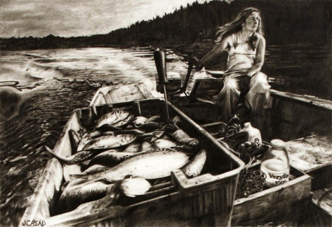 Realistic graphite drawing of a long-haired woman operating a fishing boat, with a bin full of fish in the foreground