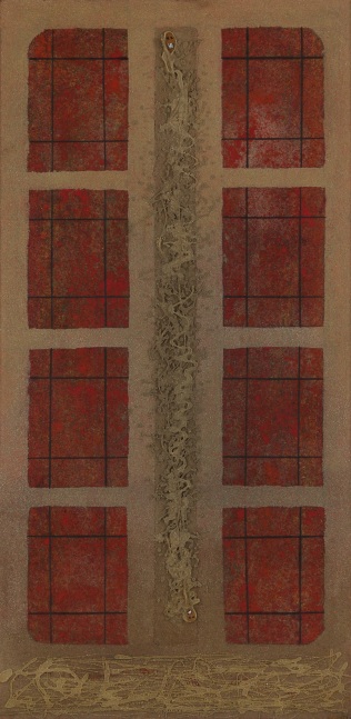 Painting of an abstracted sand-colored building form with eight red windows