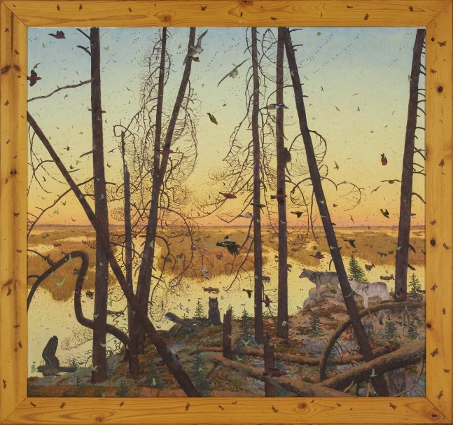 Tom Uttech, Nind Onamita, 1997, oil on canvas, 56 3/4 x 60 3/4 inches, including artist&amp;#39;s hand painted frame