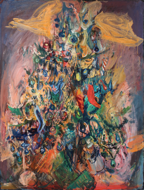 Expressionist painting of an abstracted Christmas tree covered in ornaments