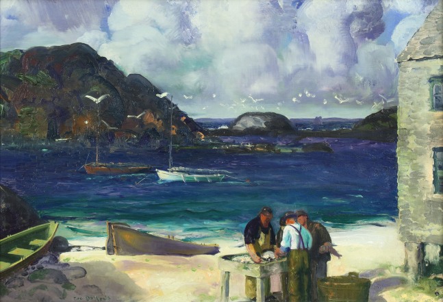 Landscape painting of a seaside scene, with three figures standing over a table on the shore in the foreground, a building on stilts to the right, and the sea in the background with rocks, hills and boats, and a flock of white birds in the sky overhead