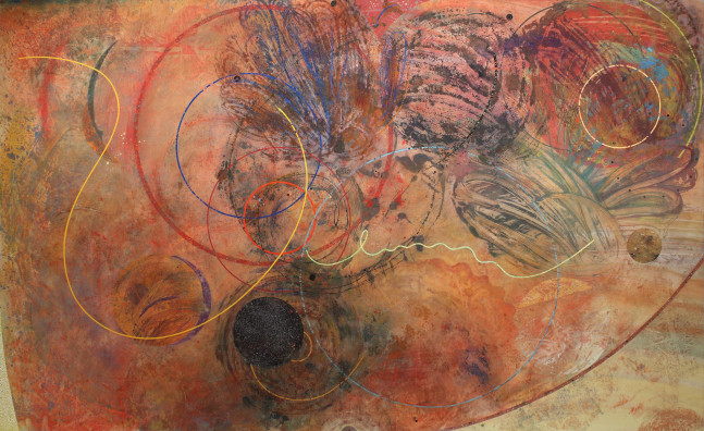 Abstract painting with several curving lines and circles arranged on an atmospheric red and yellow surface