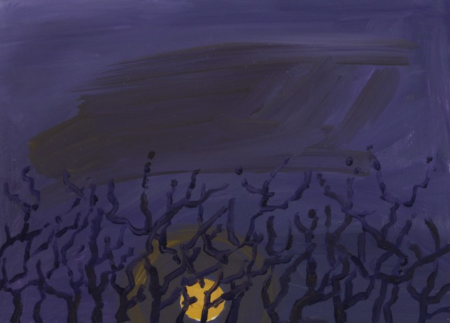 Painting of a low-hanging, yellow full moon in a dark blue sky behind craggy trees