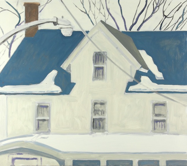 Painting of a white building with snow on the roof and a grey sky in the background