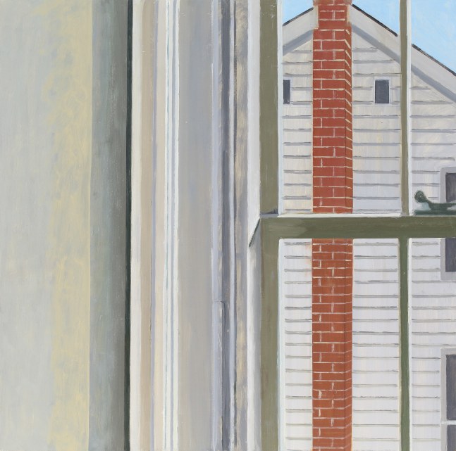 Painting of a wall and window looking at the back of a white clapboard house