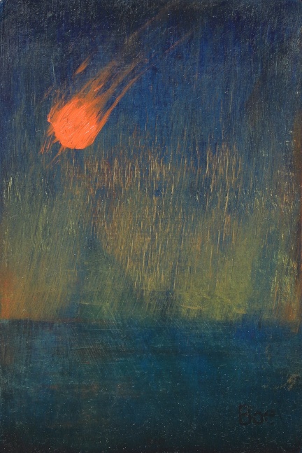 Painting of an orange meteor descending through the sky over a body of water