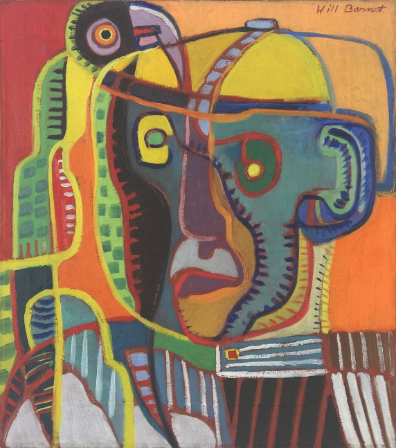 Abstract painting with forms and lines in blue, red, yellow, orange, green and lavender arranged to create the image of a parrot perched on a man's shoulder