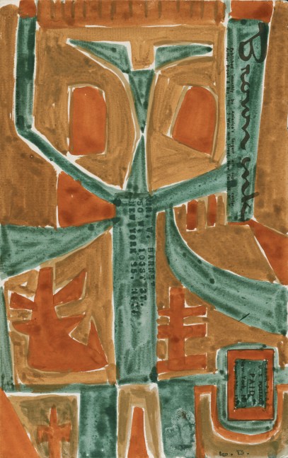 Abstract painting on paper consisting of an arrangement of forms in green, gold, and orange, with sections of text partially obscured by the paint