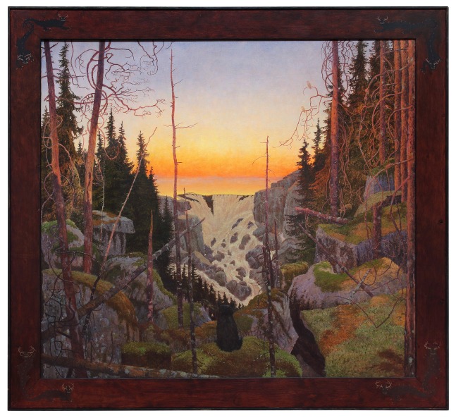 Painting of a forest scene with a waterfall at sunset, with a bear in the center gazing at the waterfall