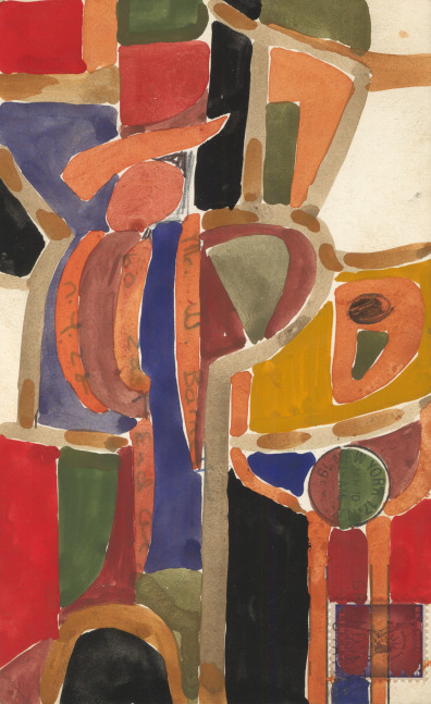 Abstract painting on paper consisting of geometric forms in blue, orange, gold, green, black and red