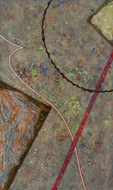 Abstract painting with geometric shapes and lines arranged on a textured grey surface