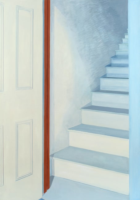 Painting of an open door looking into a white staircase