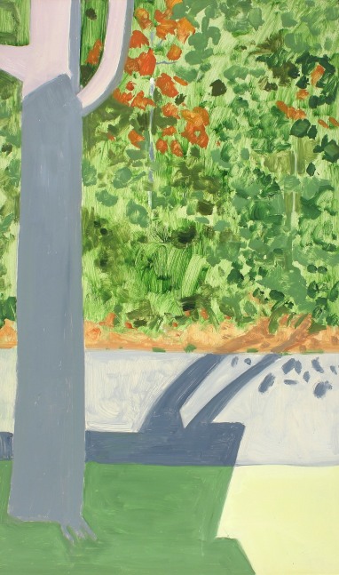 Painting of a cast shadow against a grey tree with a driveway and green landscape in the background