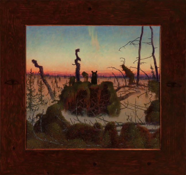 Painting of a surreal landscape filled with mist, with a bear in the center looking at the viewer and a vibrant sunrise or sunset in the background