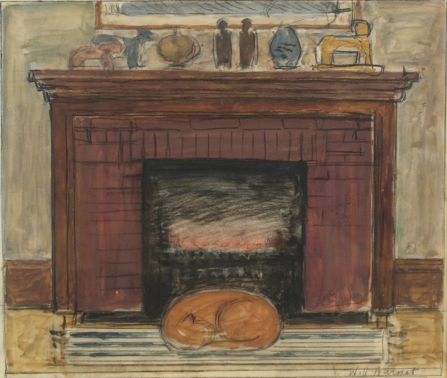 Watercolor painting of an interior scene with a cat curled up in front of a fireplace