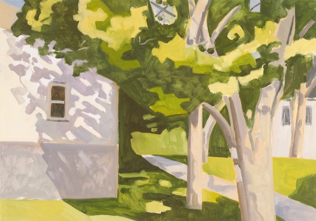 Painting of two white buildings in a green landscape, with grey trees in the foreground