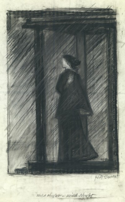 Charcoal drawing of a woman standing on a porch with her cloak blowing in the wind and rain falling diagonally around her