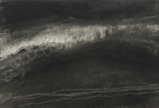 Charcoal landscape drawing of a sky filled with dark clouds, and light reflecting off small waves in the sea below