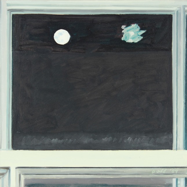 Painting of a window looking out at the night sky with a full moon on the upper left, and a smudge of paint on the glass on the upper right