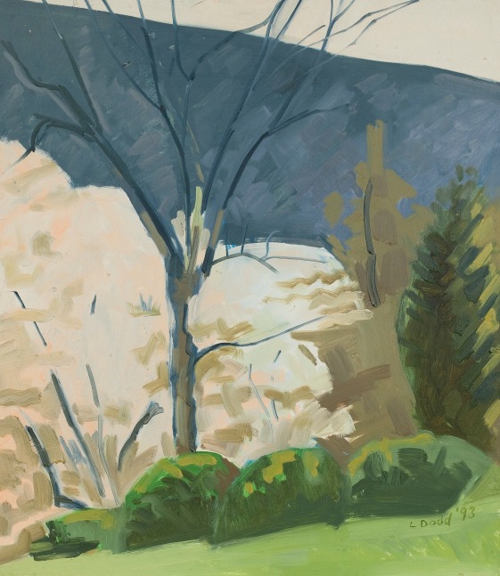 Painting of various trees in a landscape