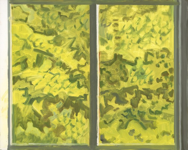 Barn Window + Apple Tree Leaves, 2020, oil on Masonite, 8 x 10 inches