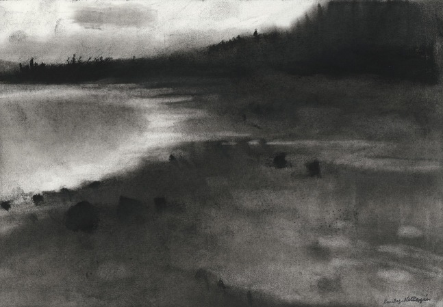 Charcoal landscape drawing of a tree-lined shore and sea, with a dim, hazy sky reflecting on the water