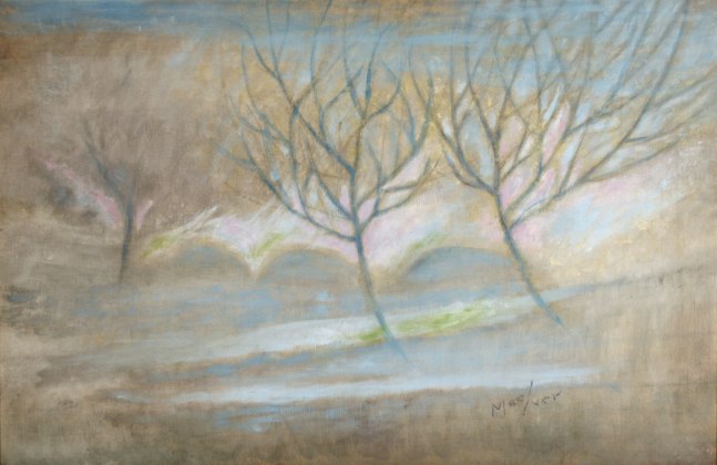 Painting of three bare trees in an atmospheric landscape