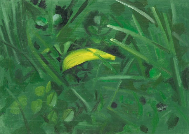 Painting of a yellow flower petal in green grass