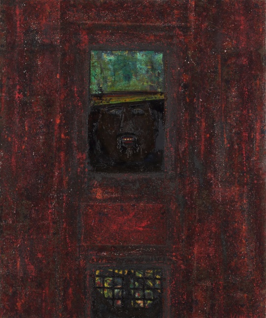Abstract, expressionist painting with a figure looking out from a window in the center of a dark red, textured ground