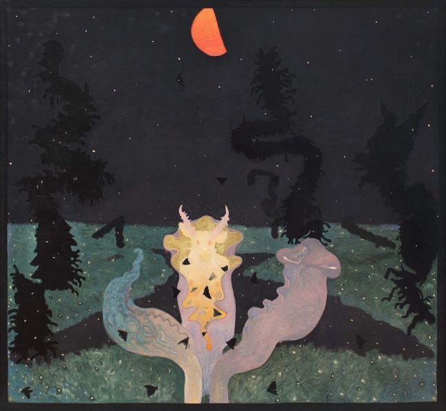 Surreal painting of mythical creature with human body and a moose's head emerging from the center of a flower, with a nocturnal landscape in the background and an orange partial moon overhead