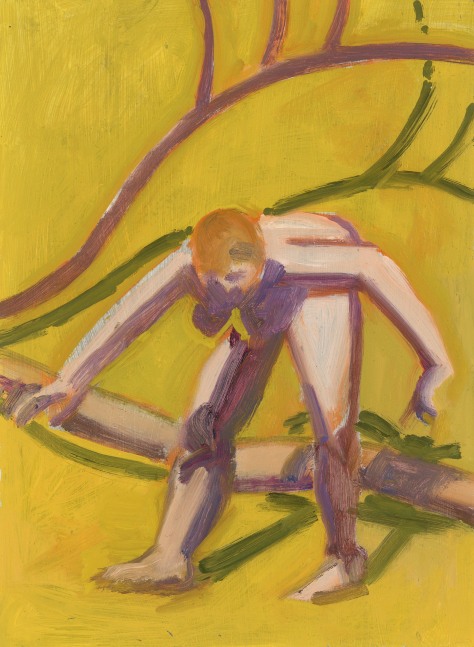 Painting of a nude figure bending forward in front of a tree and yellow ground