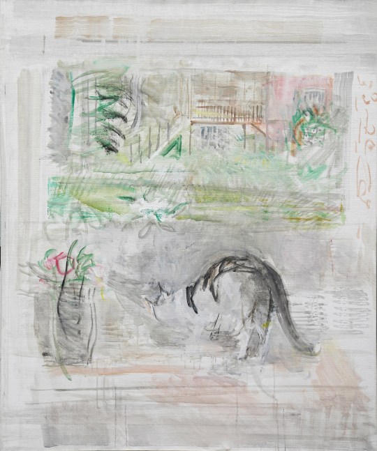 Painting of an white cat with black stripes and a vase containing a pink flower on a windowsill overlooking a backyard