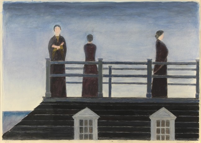 Watercolor painting of three women standing on a widow's walk with the sea in the background