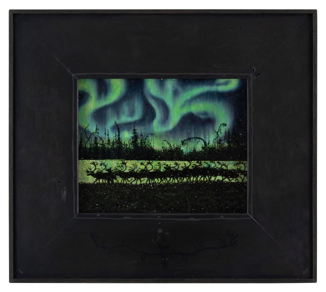 Painting of a procession of moose under the Northern Lights