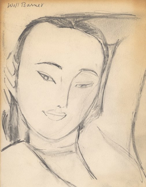 Graphite drawing of a woman with her head resting against her raised arm